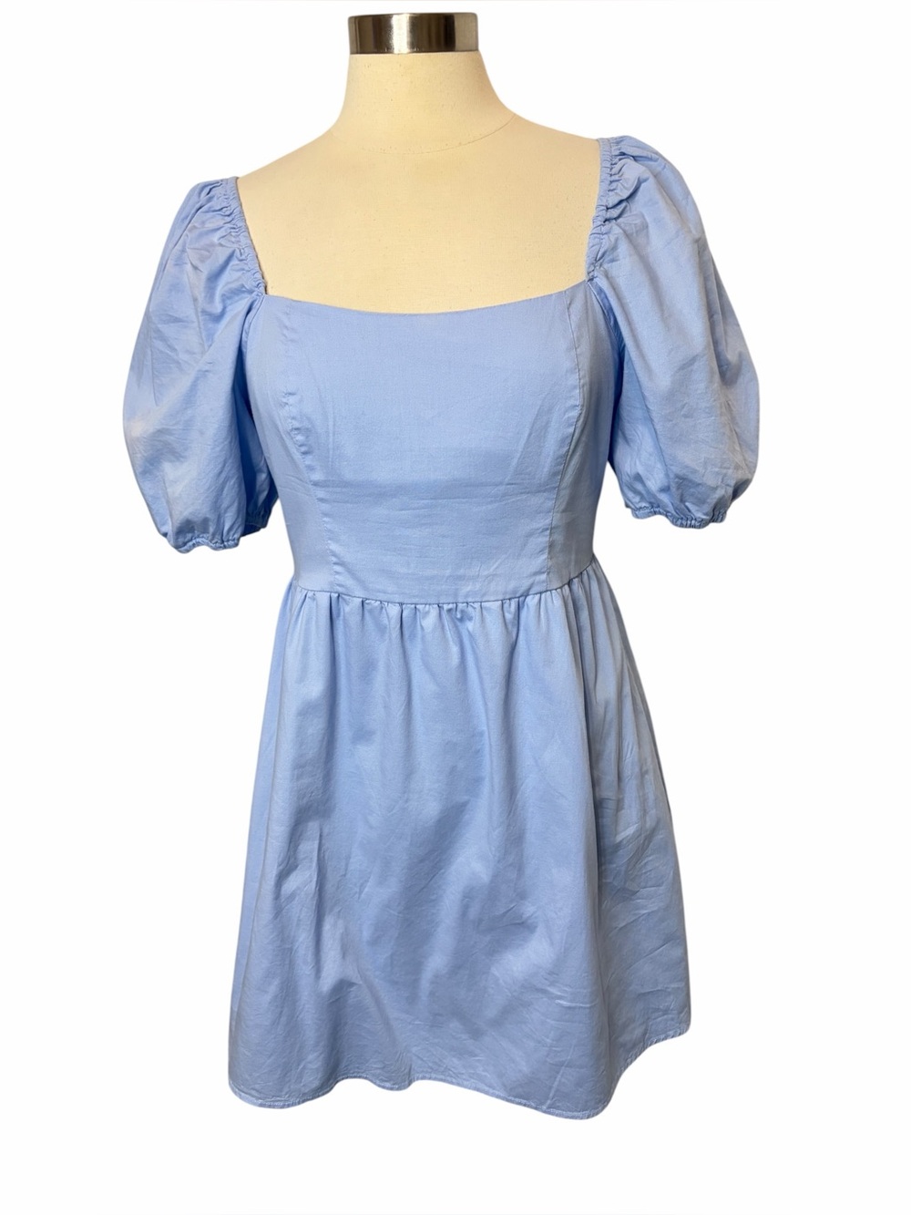 COPPER KEY Light Blue Cotton Poplin Square Neck Puff Sleeve Mini Dress, Large